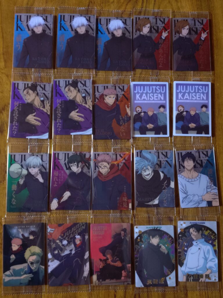 呪術廻戦ウエハース6を20個開封した結果。虎杖悠仁を含むノーマルとレアカードを4行5列に並べて撮影。