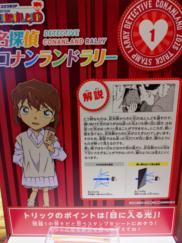 コナンランド2025ららぽーと東郷会場に設置されたスタンプラリー台。キャラクターごとのスタンプを押せるコーナー。