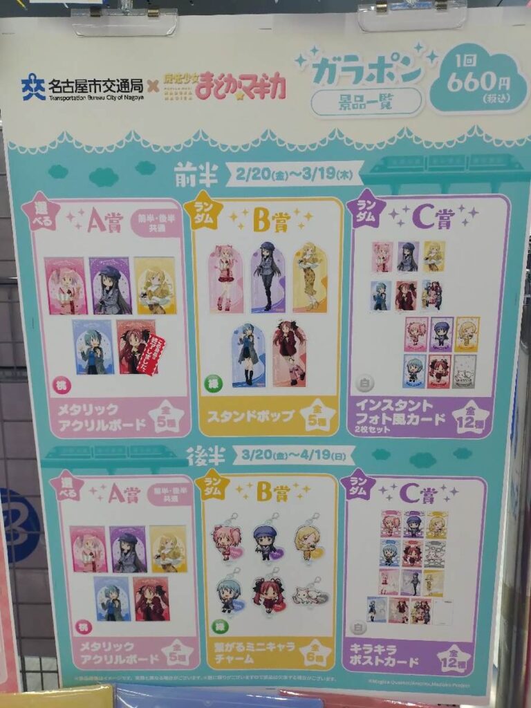 名古屋地下鉄まどマギコラボ2026 ガラポンくじ 景品一覧ポスター